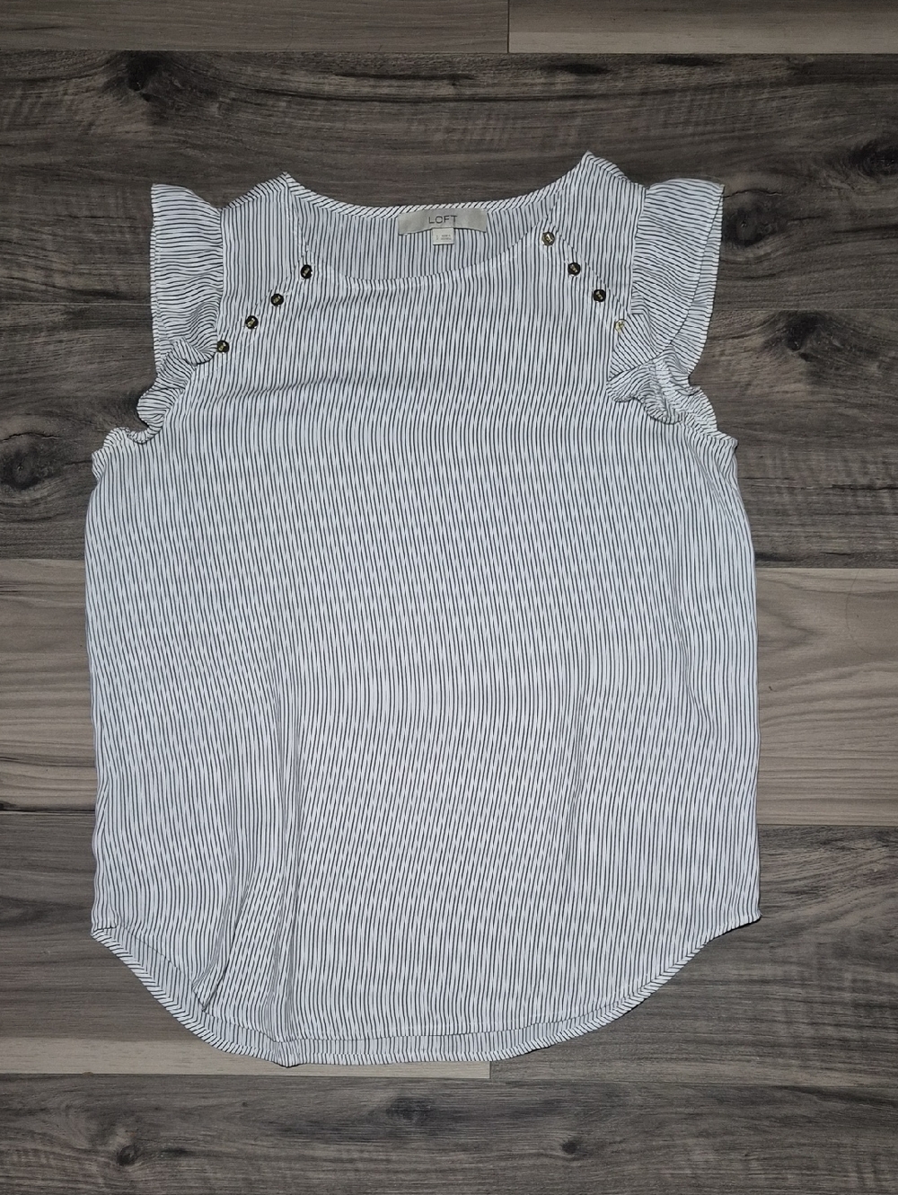 LOFT White Pinstripe Ruffle Sleeve Shell with Stud Detail Small